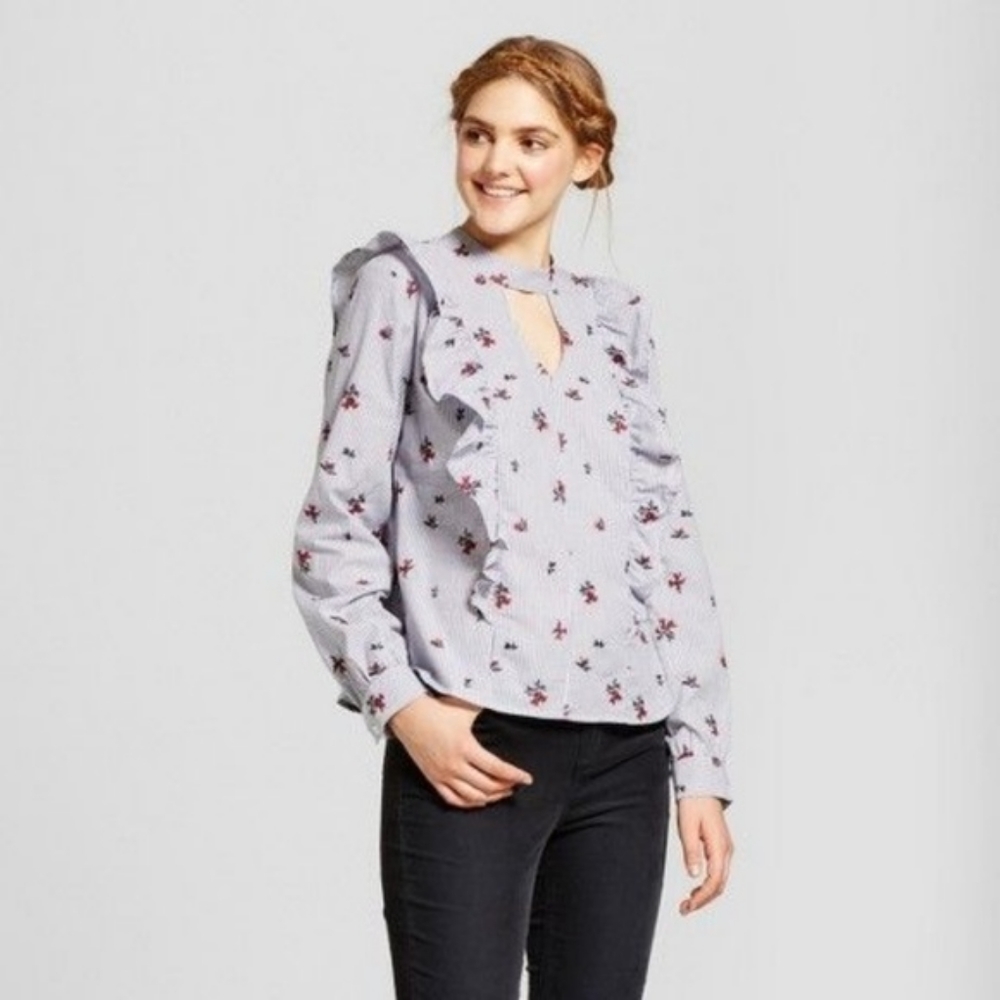 Striped embroidered ruffled blouse